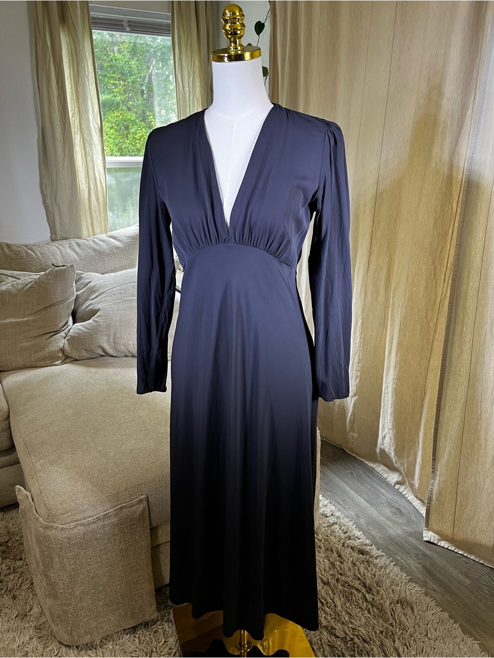 Zara Woman Anthracite Grey Flowing Midi Dress V Neck Size Medium